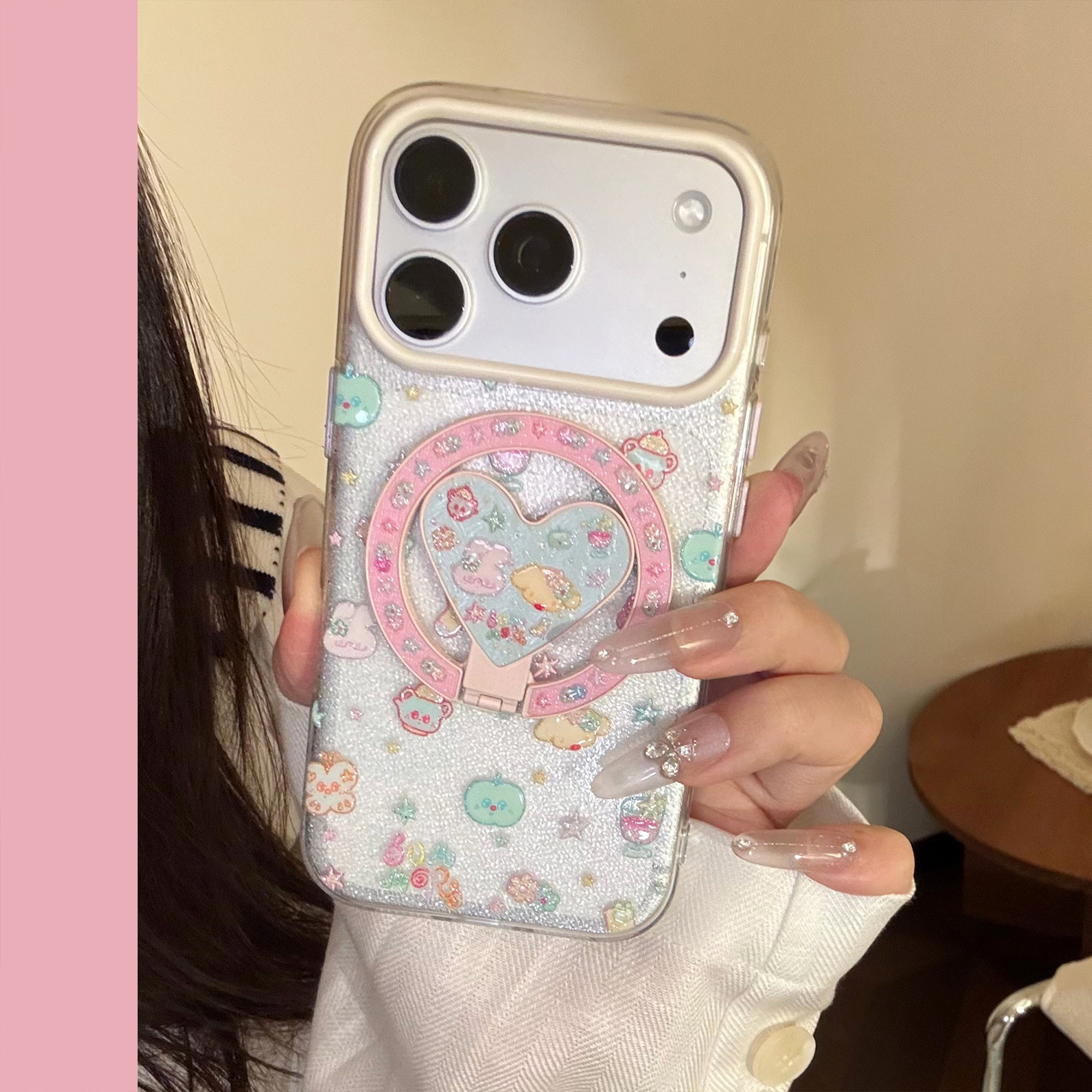 适用于苹果iPhone16promax甜酷卡通iPhone15/16/17手机壳透明闪粉爱心支架防摔17promax保护套15pro