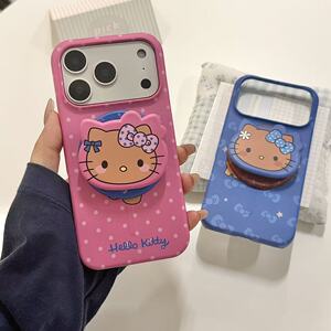 黑皮KT情侣17pro适用于苹果iPhone15/16/17波点Hello Kitty手机壳15pro可爱卡通磁吸支架16pro保护套17promax