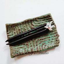 新中式蝶贝兰花U型黑檀木簪子汉服旗袍配饰短款发量少半盘发日常