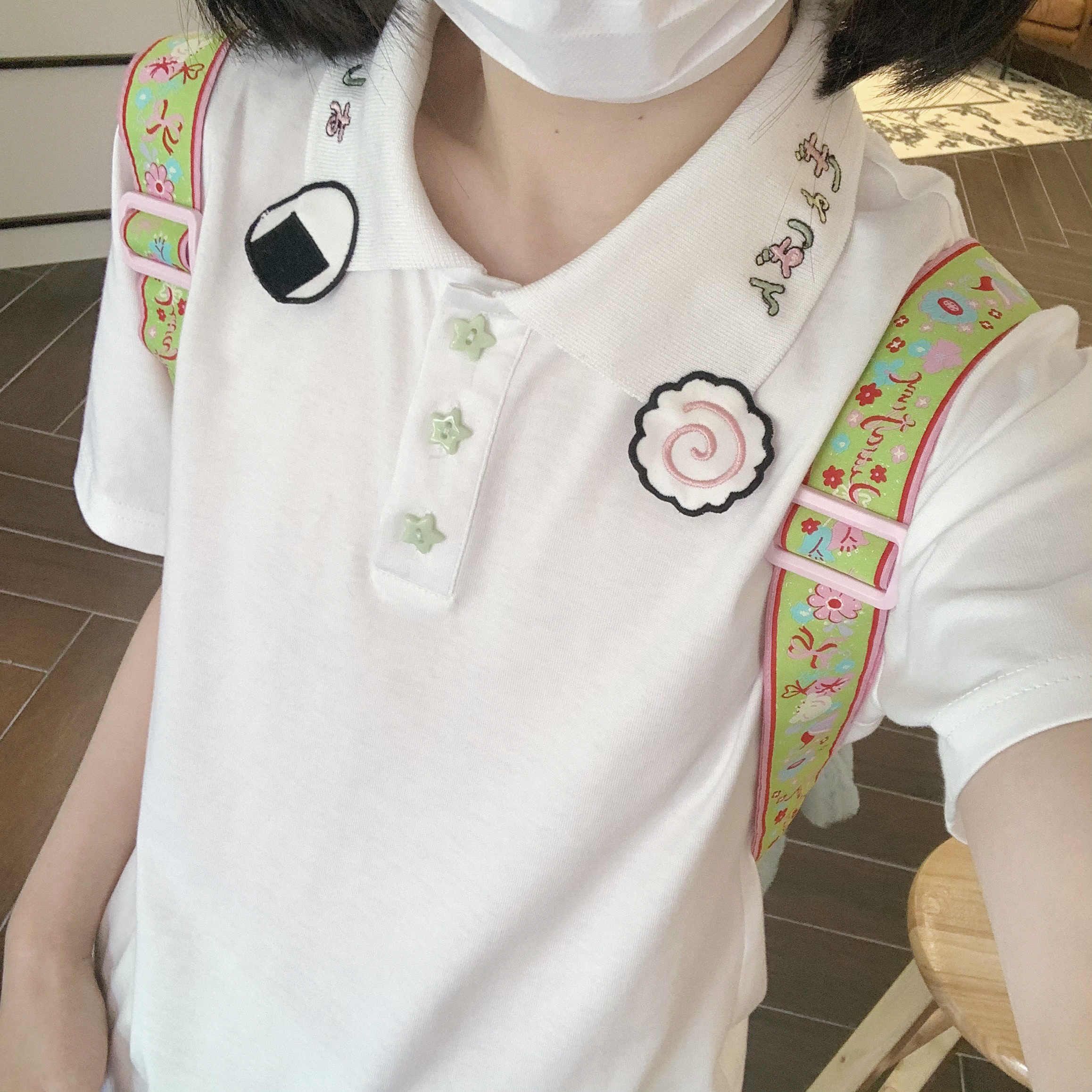 日系甜美polo衫短袖刺绣可爱t恤正肩显瘦宽松纯棉上衣女学生夏季