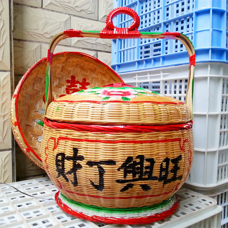 潮汕传统婚嫁娶用品纯手工花篮春篮手绘潮州花篮竹篮子 财丁兴旺