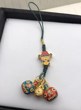 新款沙金古法金烧蓝财神吞金兽一家三口手机链吊坠挂件小财神隔珠