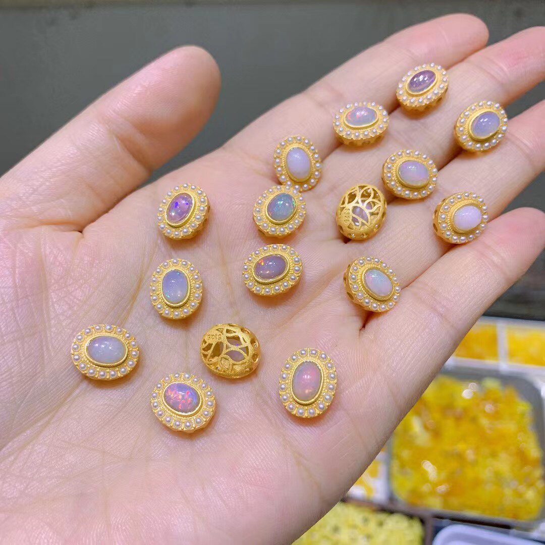 925古法银镀金镶嵌欧泊琥珀珍珠蛋面多宝隔珠diy饰品配件椭圆形
