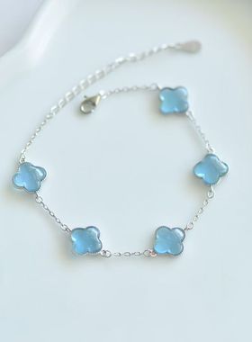 天然海蓝宝四叶草手链s925纯银镶嵌气质简约清新女款链条饰品
