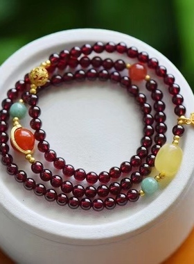 天然酒红石榴石三圈手链复古法银富贵牌吊坠挂件古法银配件手链