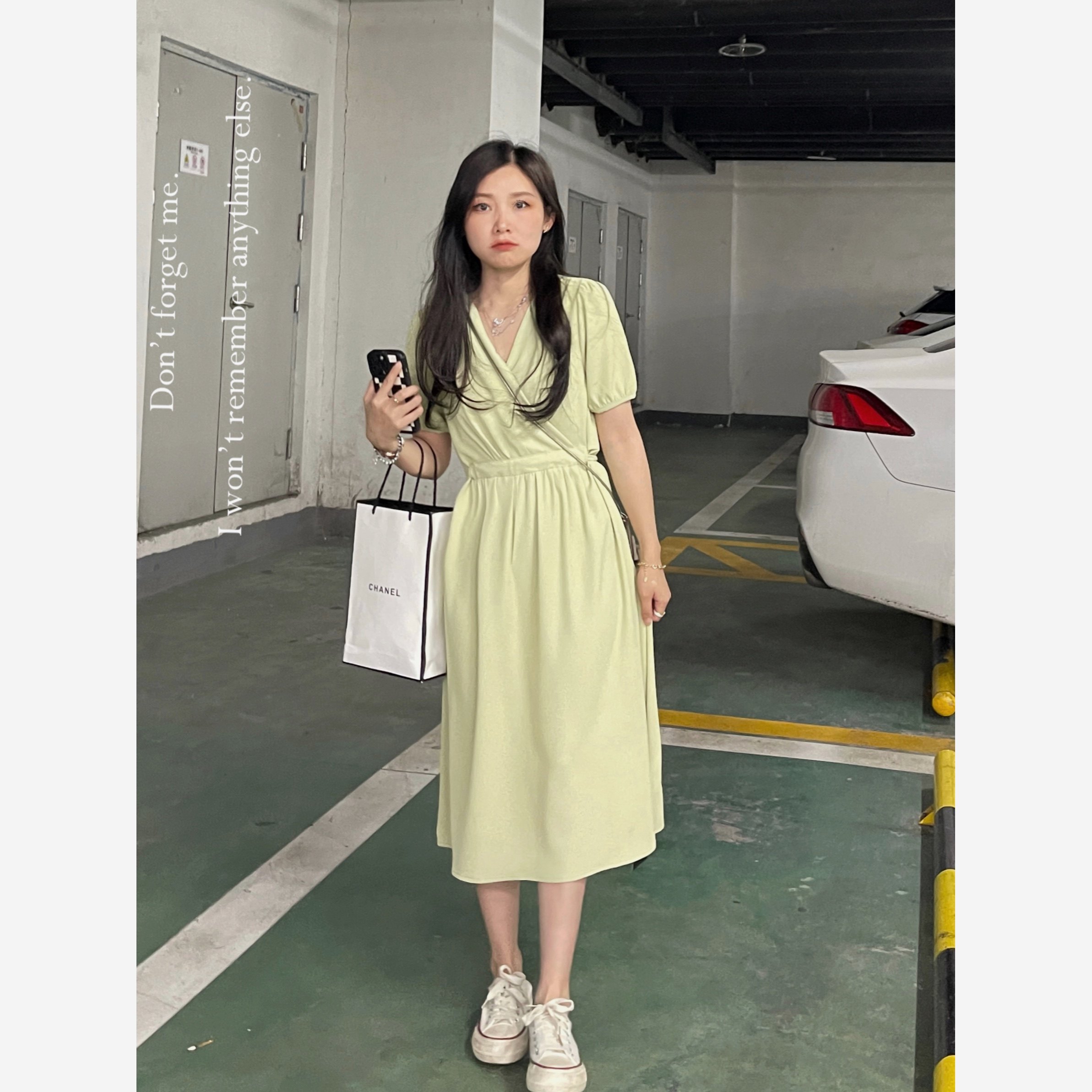 喵家自制小个子150小码女装短袖雪纺连衣裙V领长款显高显瘦薄透气