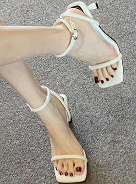 踩屎感凉鞋～羊皮版_白色方头高跟鞋女细跟夏季新款露趾一字带扣