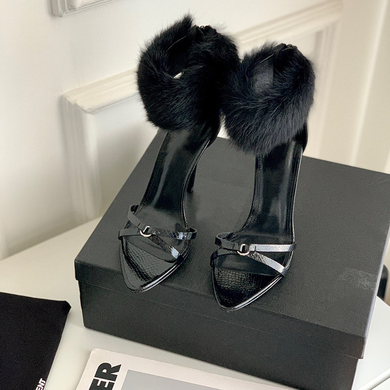 一字带凉鞋女2025年春秋黑色性感宴会水貂毛细跟高跟鞋女尖头露趾,女鞋,时装凉鞋,淘宝优惠券,粉丝福利购,淘宝优惠卷