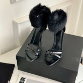 一字带凉鞋 女尖头露趾 女2025年春秋黑色性感宴会水貂毛细跟高跟鞋