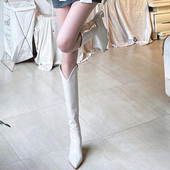 优尚品～白色显瘦V口骑士靴女气质百搭粗跟长筒靴尖头高跟长靴