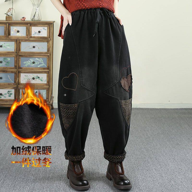 千秋飞燕水洗刺绣贴布黑色加绒牛仔裤女冬季松紧腰系带宽松哈伦裤,女装/女士精品,牛仔裤,淘宝优惠券,粉丝福利购,淘宝优惠卷
