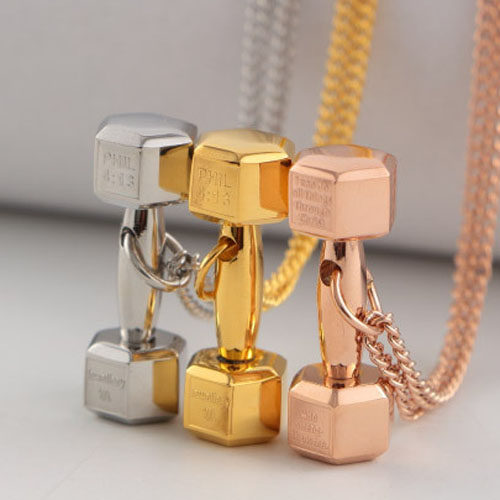 欧美时尚健身哑铃项链男士霸气韩版情侣吊坠女个性钛钢毛衣链项链