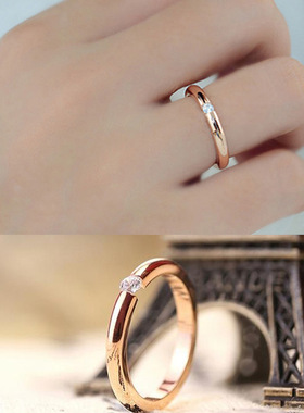 戒指女潮彩金镶单钻玫瑰金装饰戒指简约日韩版 钛钢戒指不褪色