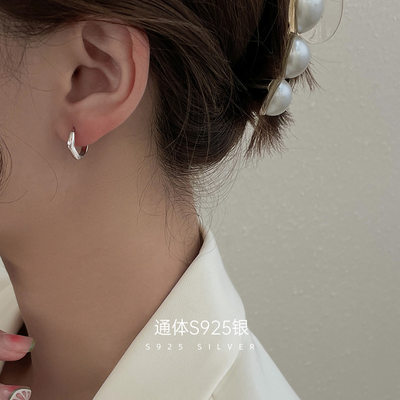 S925银简约几何耳钉男女气质圈圈小众设计耳环个性六边耳扣