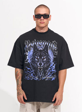 250克重磅水洗做旧直喷 '复仇' 狼头复古短袖T恤宽松上衣男女休闲