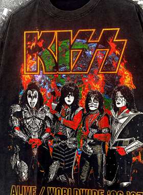 KISS 重磅做旧水洗复古 欧美重金属 摇滚乐队短袖T恤 出口单大码