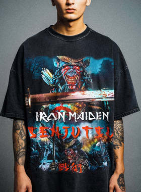 Iron Maiden双面印花 重金属摇滚乐队重磅水洗短袖T恤 出口单大码