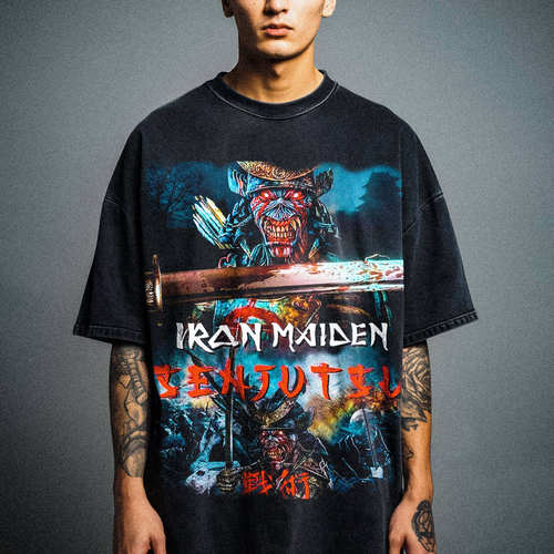 Iron Maiden双面印花 重金属摇滚乐队重磅水洗短袖T恤 出口单大码
