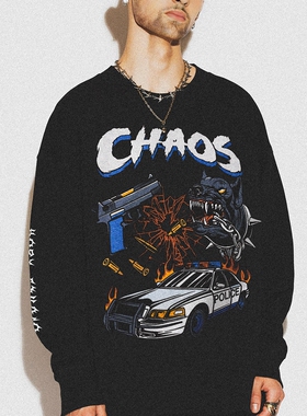 '枪打出头狗'潮牌喷染做旧印花美式复古大码宽松圆领卫衣重磅帽衫