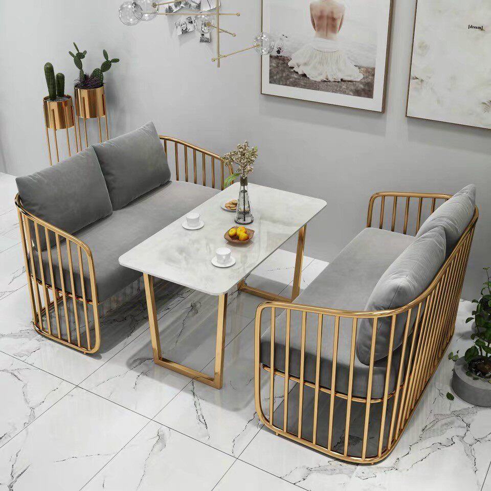 网红简约咖啡厅卡座沙发双人影楼休闲区甜品奶茶店大理石桌椅组合