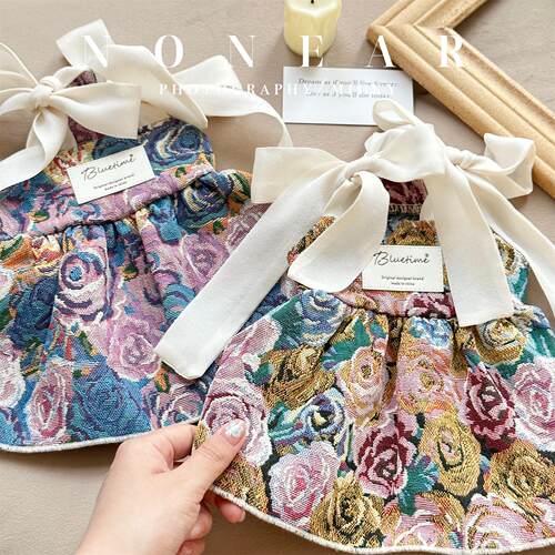 bluetime宠物油画连衣裙法式复古