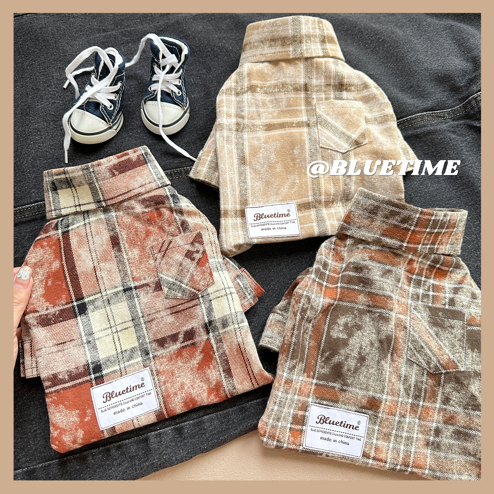 bluetime猫狗水洗格子衬衫慵懒风