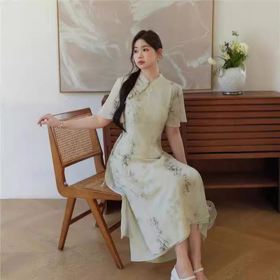 古风大码女装新中式改良旗袍连衣裙女夏季微胖mm显瘦开叉印花裙子