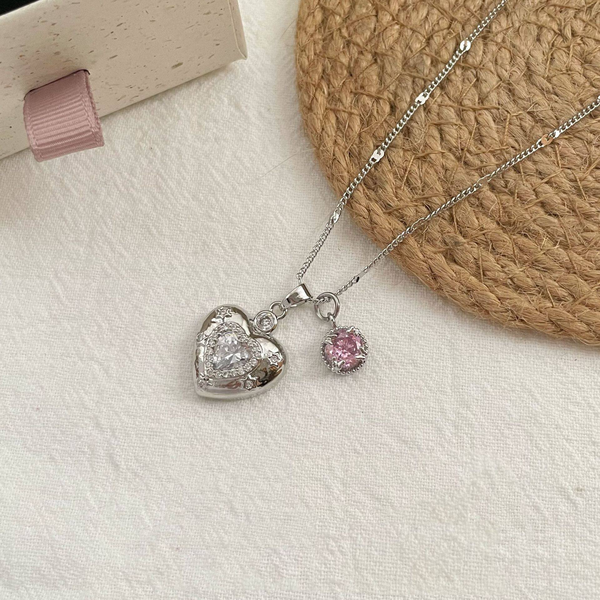 925银爱心项链百搭锁骨链爆闪粉色锆石爱心星芒甜心女孩项链精致