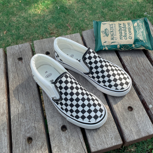 学生ins百搭板鞋 一脚蹬懒人鞋 女2023新款 三次硫化黑白格子帆布鞋