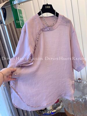 特大码胖m300斤高级感超好看珍珠新中式衬衫上衣女潮休闲夏季新款