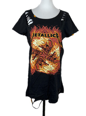 包邮水洗印花摇滚周边暗黑撕扯做旧短袖刺绣字母女款T恤Meta*lica