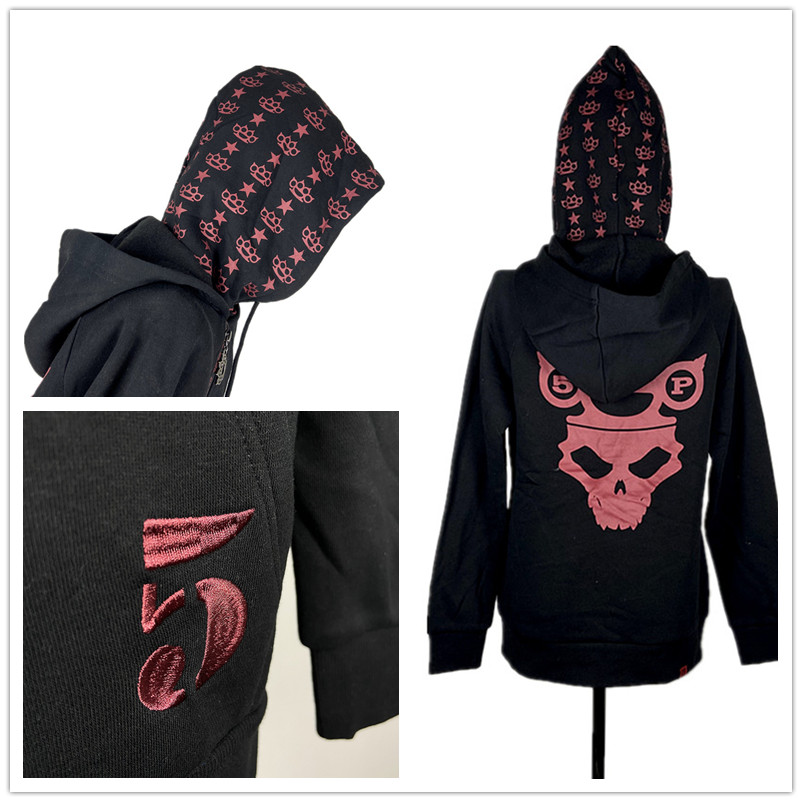 包邮暗黑朋克骷髅印花连帽卫衣女黑色套头摇滚周边个性上衣双帽子