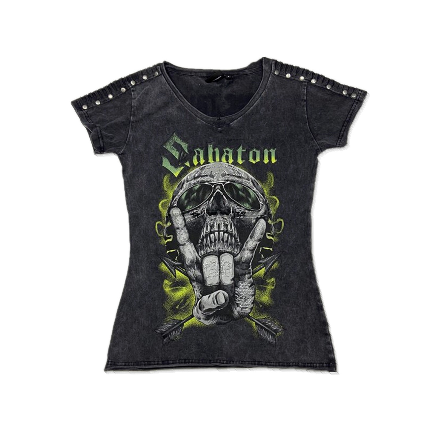 包邮暗黑骷髅印花撕扯做旧短袖T恤女士铆钉装饰摇滚朋克个性微瑕