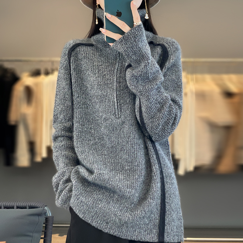 JOYIASS法式高端拉链高领100%衫女2025新款宽松慵懒风针织毛衣打