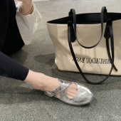 小皮鞋 2025夏季 女交叉扣圆头芭蕾风平底鞋 软底银色玛丽珍单鞋 新款
