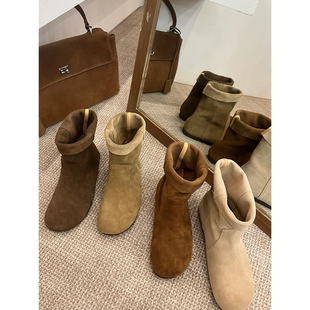 勃肯短靴秋冬季深棕色圆头套筒翻折两穿平底显瘦短筒马丁靴骑士靴