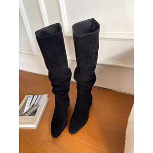 2026秋冬新款不过膝中筒靴高筒靴尖头宽筒瘦瘦靴厚底堆堆骑士靴女