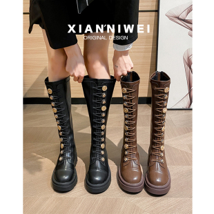 骑士靴2025年新款 弹力靴子女长筒靴秋冬粗跟不过膝长靴显瘦高筒靴