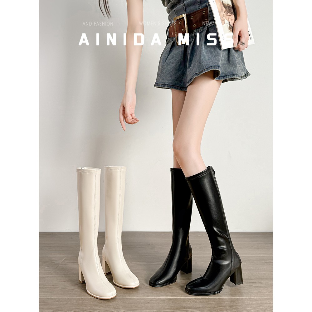 不过膝高跟粗跟骑士靴显瘦长筒靴