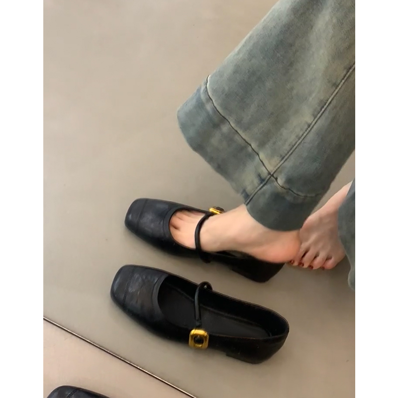 一字带复古黑色平底玛丽珍鞋女