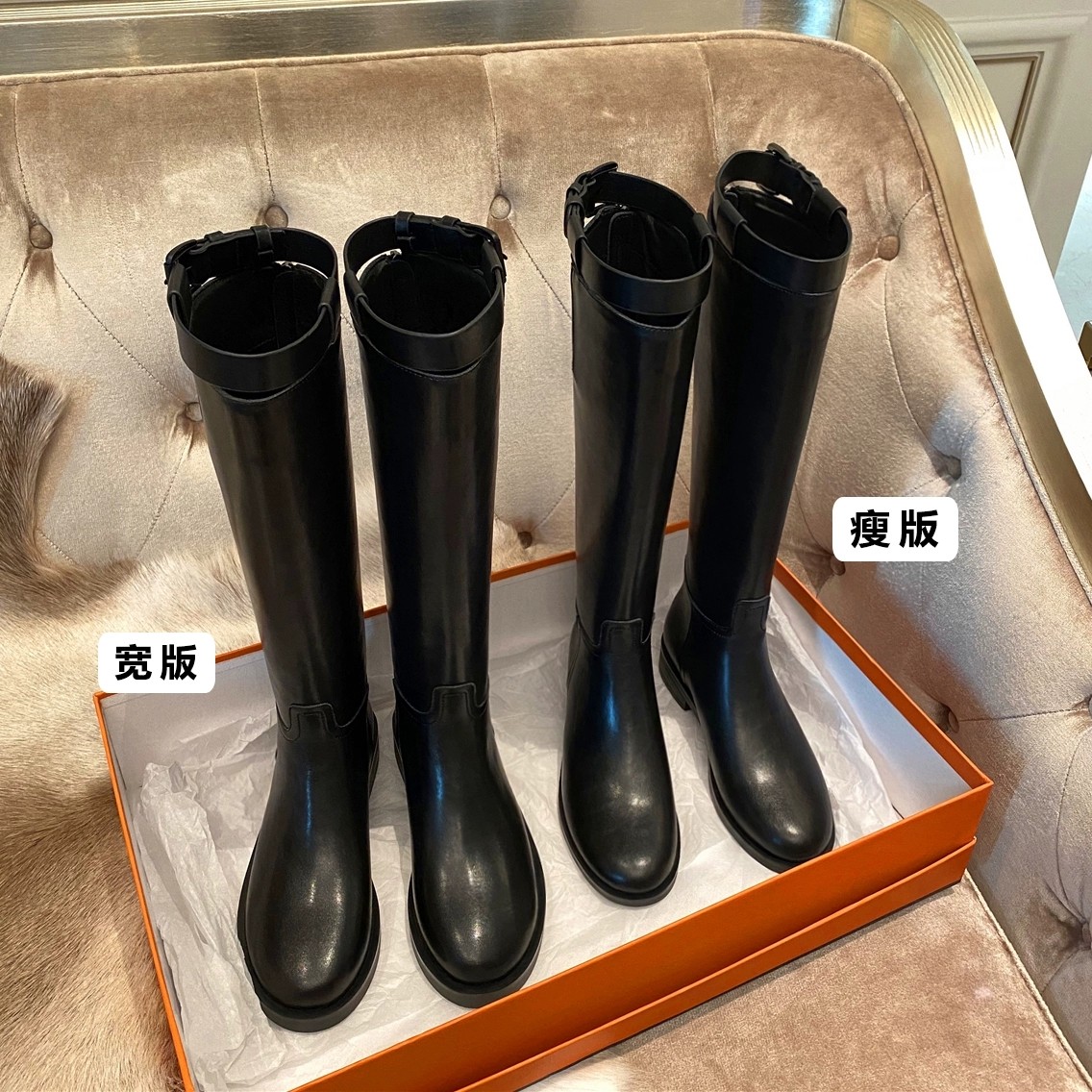 法式宽筒粗跟高筒靴长筒靴