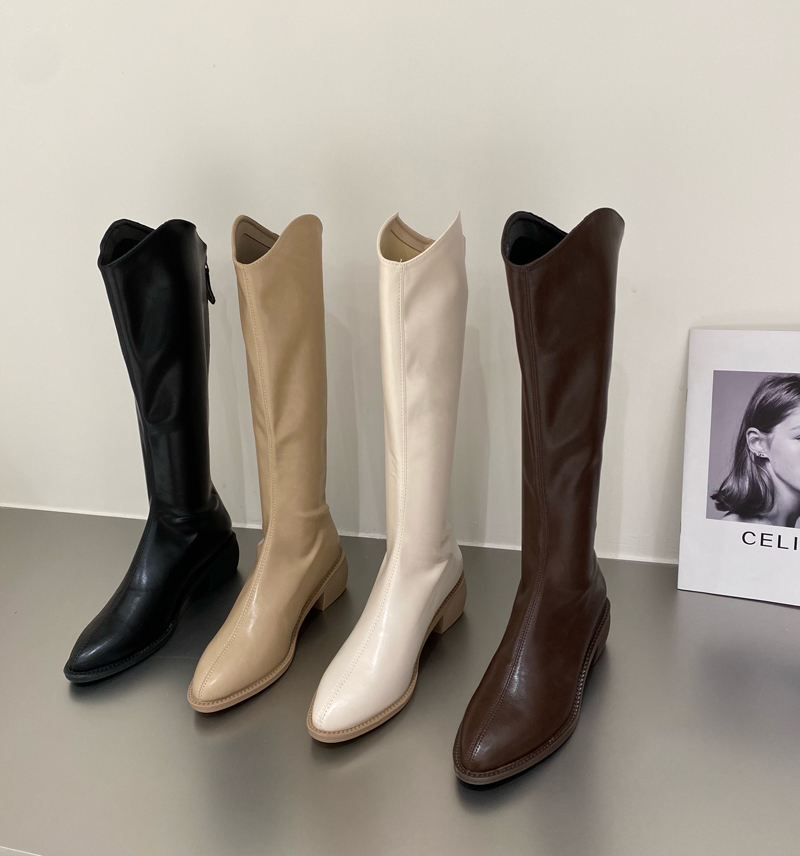 加绒高筒靴尖头骑士靴