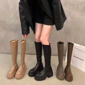 加绒黑色中筒长靴子 秋冬季 厚底小个子瘦瘦长筒骑士靴女鞋 2025新款