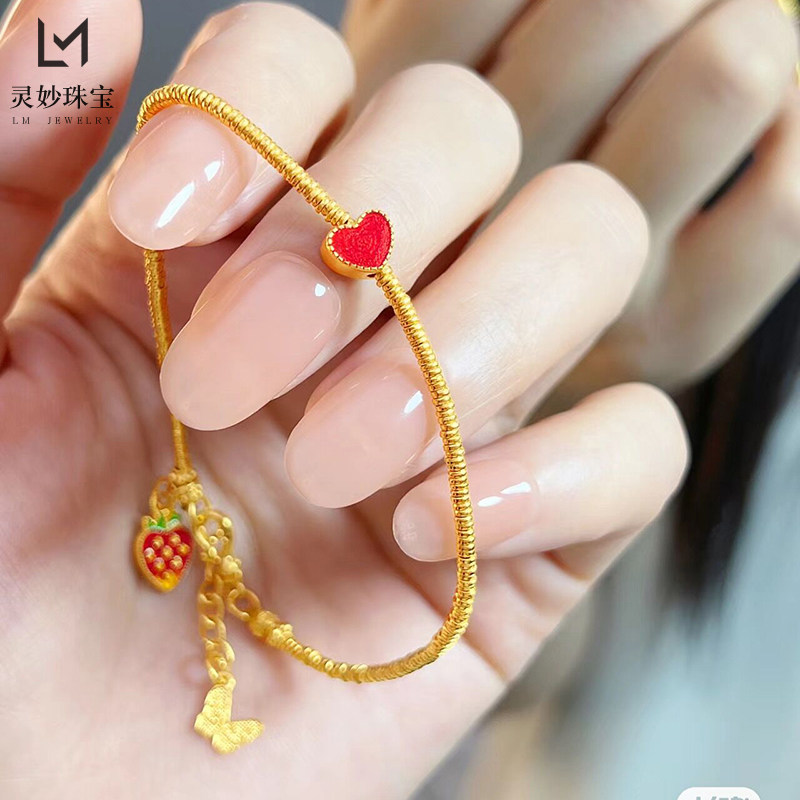 金店同款古法沙金999烧蓝小红心手链女爱心项链蝴蝶尾链草莓桃心