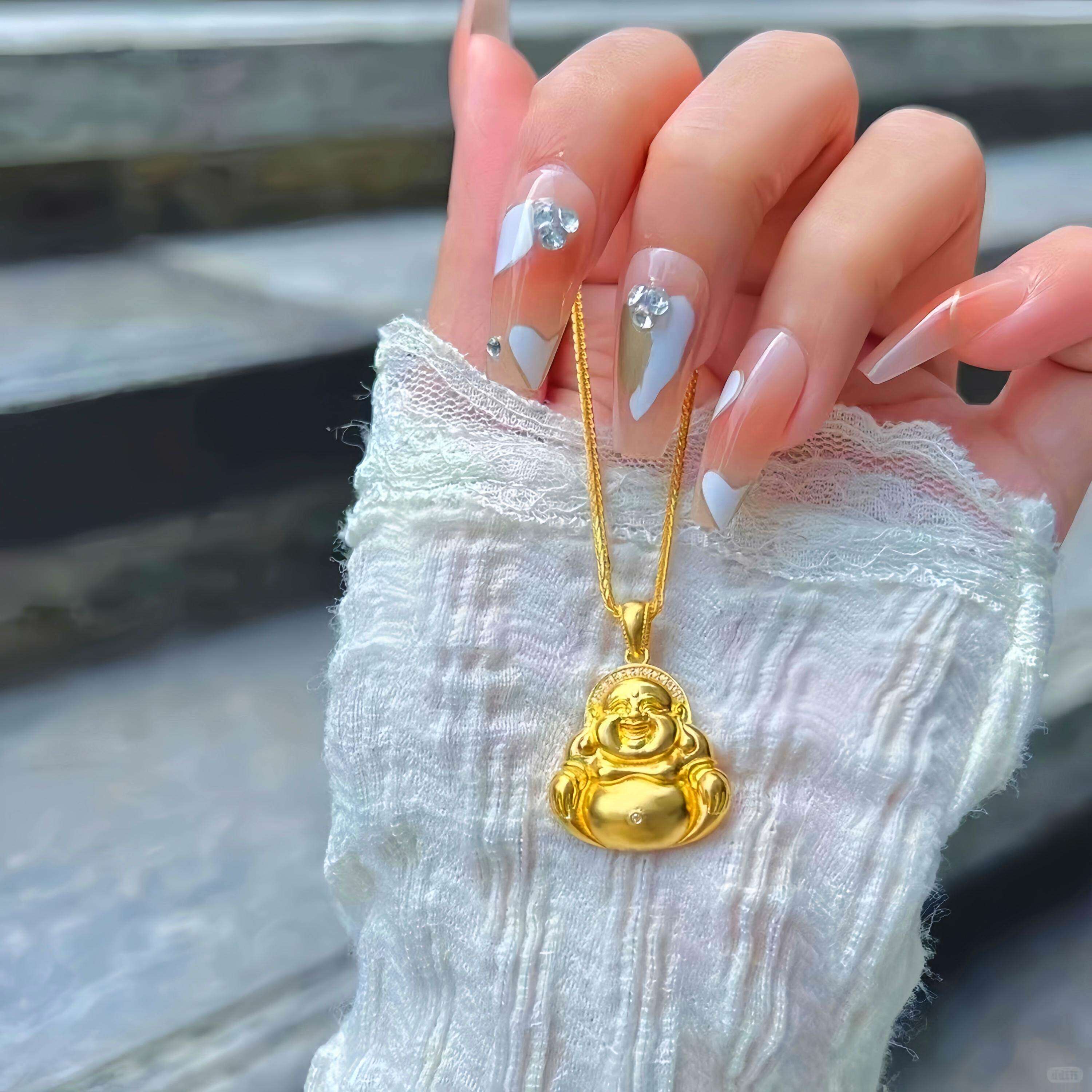 金店同款佛吊坠弥勒佛单坠黄金色项炼女款配饰笑脸佛不褪色编织绳