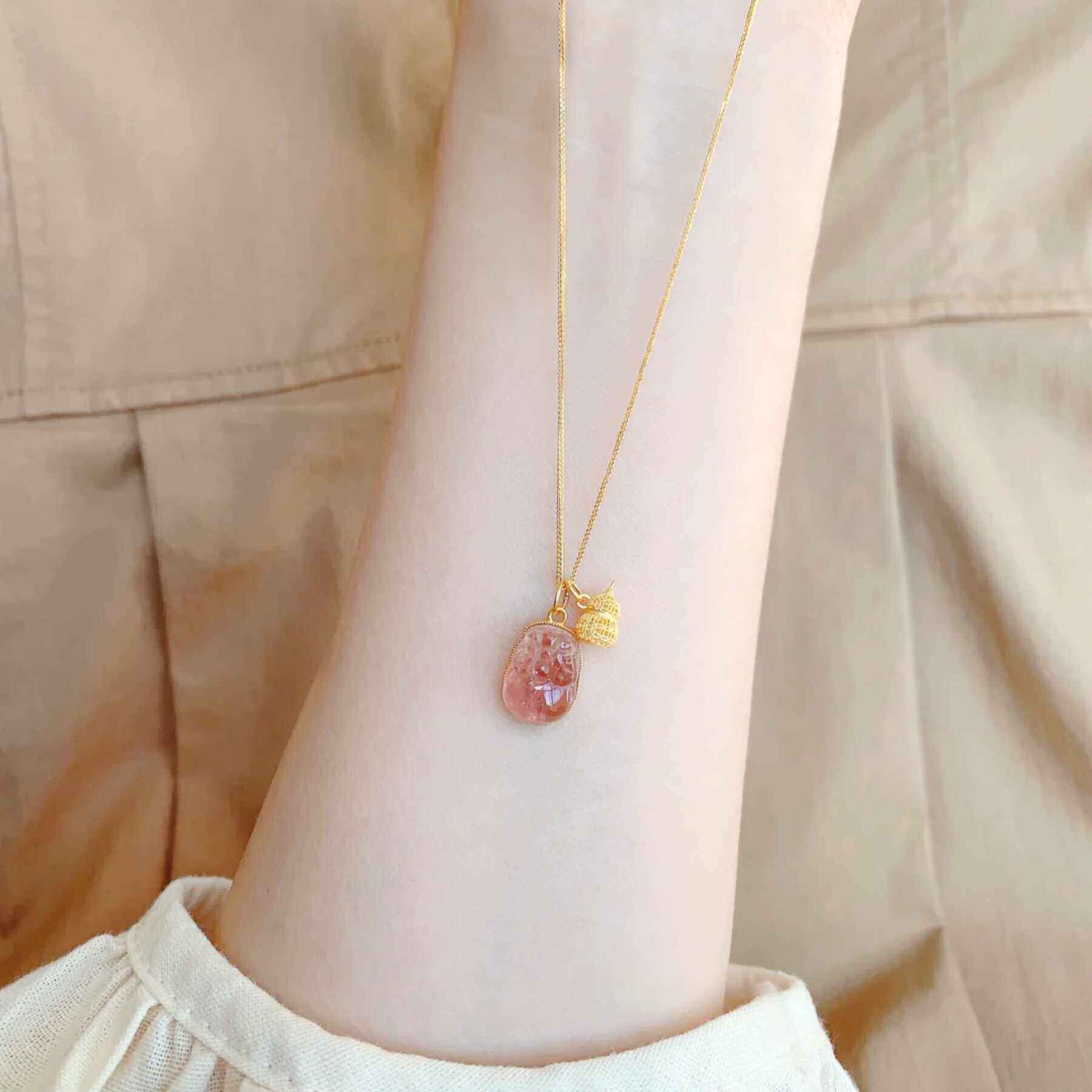 粉色碧玺项炼粉水晶招财貔貅吊坠黄金花丝小葫芦女夏天轻奢高级感