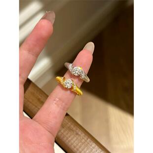 不掉色覆古拉丝悬浮钻石戒指女黄金色食指小众设计轻奢高级感首饰