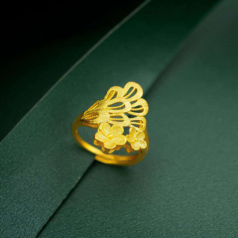 凤尾18k黄金色活口女款花朵戒指女结婚首饰纯金色覆古开口戒