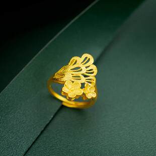 凤尾18k黄金色活口女款花朵戒指女结婚首饰纯金色覆古开口戒