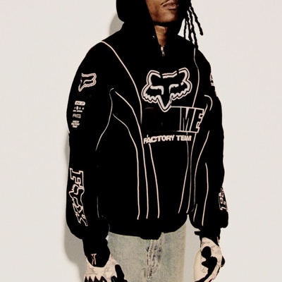 大卫の新款Fox FW25机车风刺绣拉链开衫连帽卫衣Central Cee同款